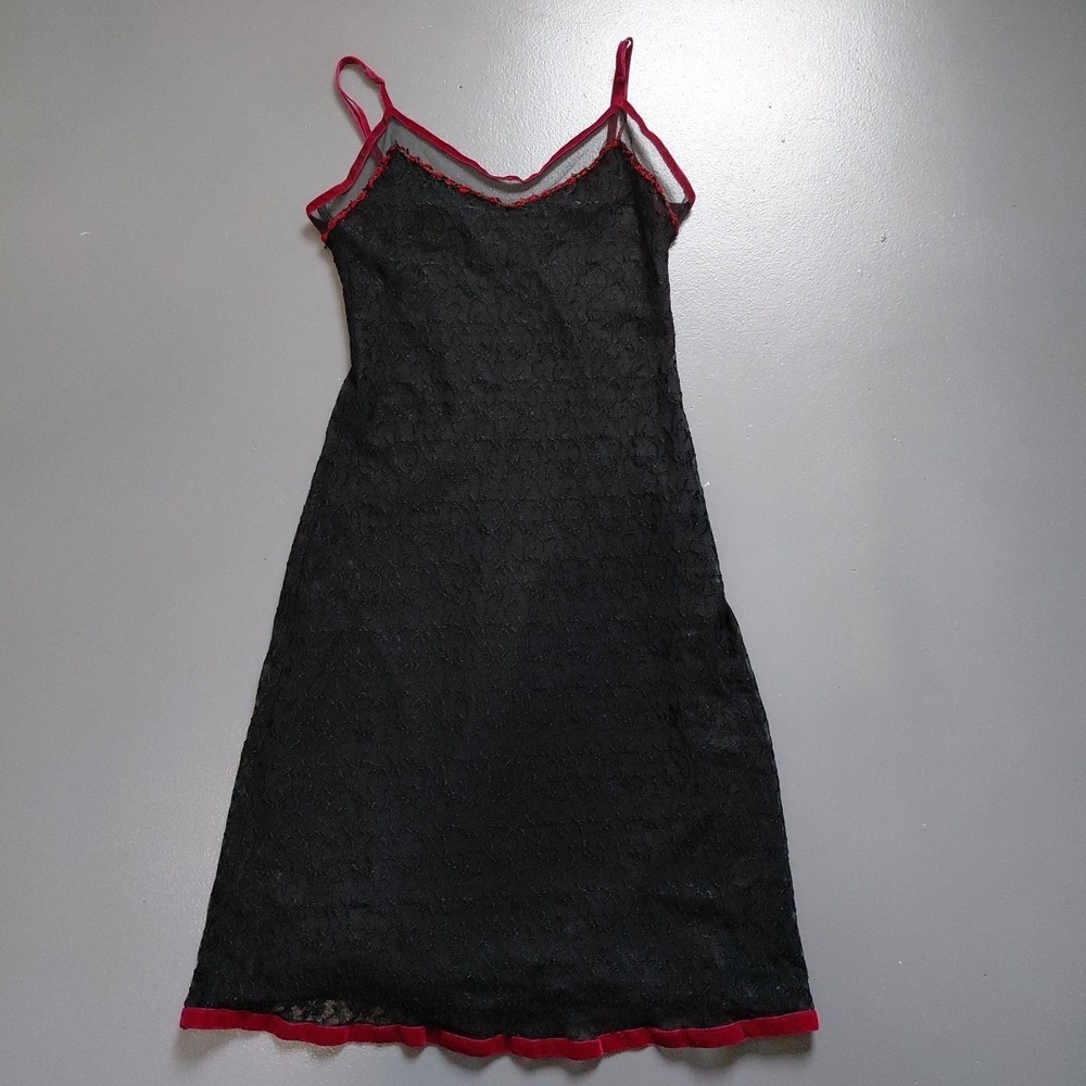 VTG Betsey Johnson Slip Dress Black Lace Rose Ditsy Neckline Velvet Trim Large - Picture 8 of 16